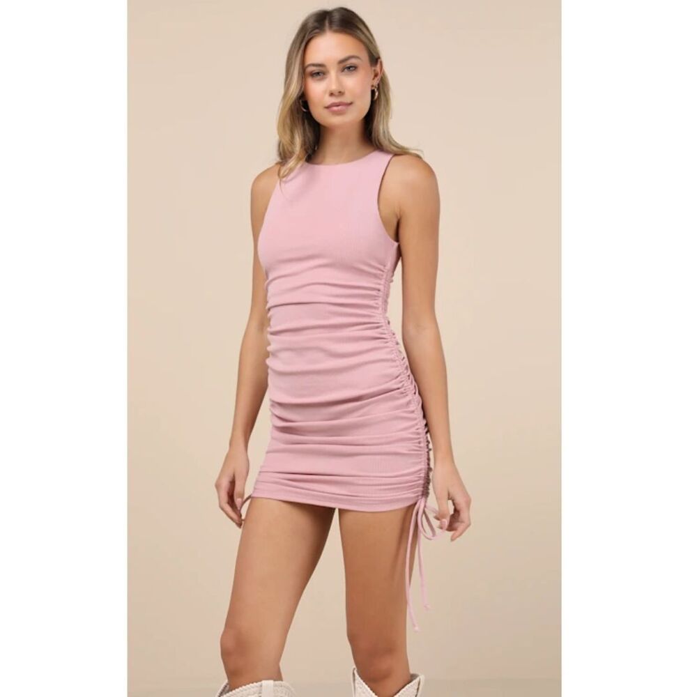 Lulus Pink Mauve Over & Over Ribbed Drawstring Ruched Bodycon Mini Dress XS New